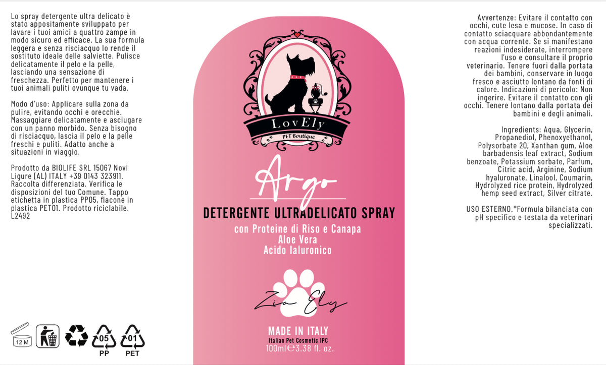 ARGO – Detergente Ultra Delicato Spray | Pulizia Senza Risciacquo per Cani e Gatti
