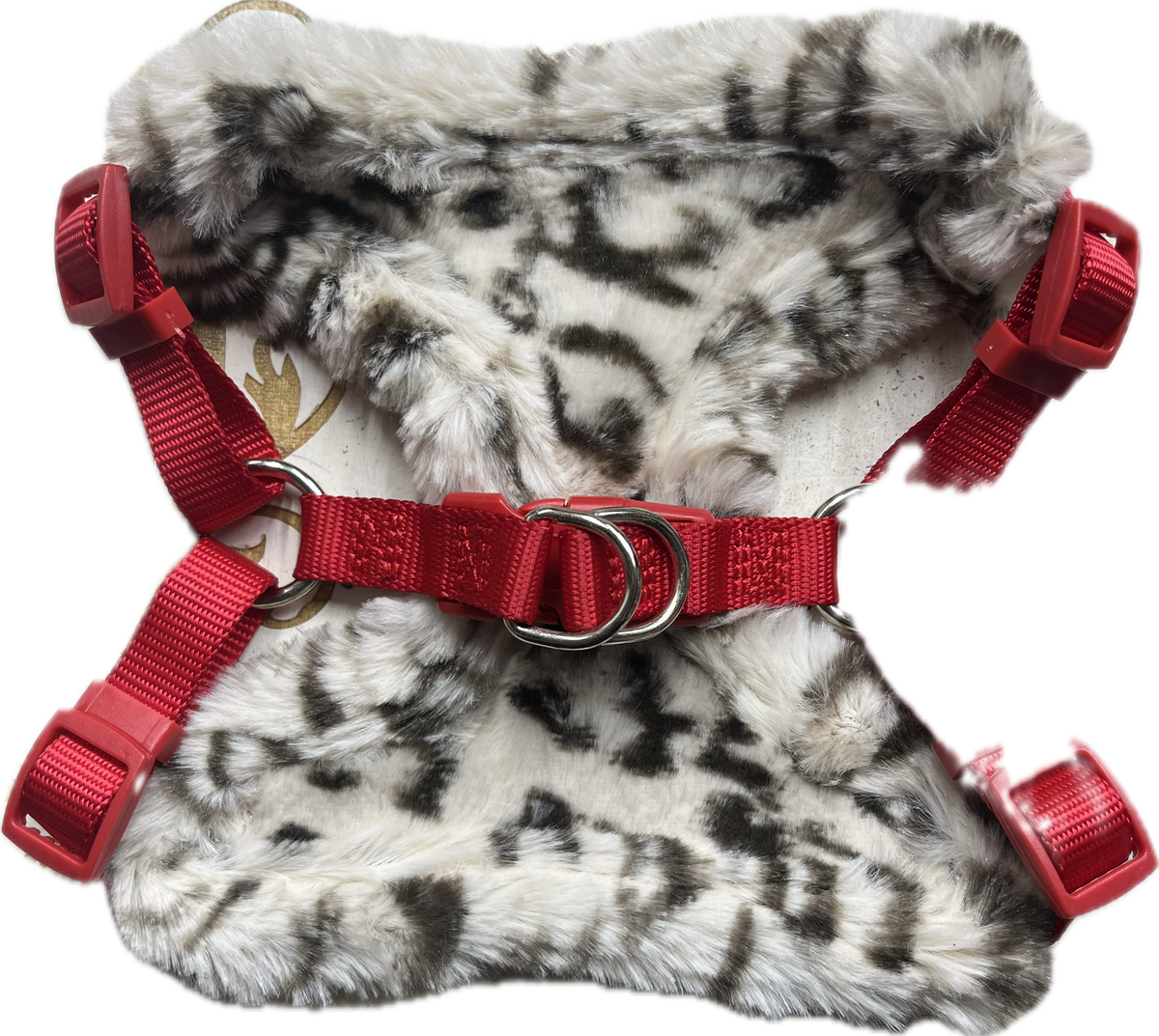 Pettorina “Winter Cozy” con pelliccia finta e cinghie rosse
