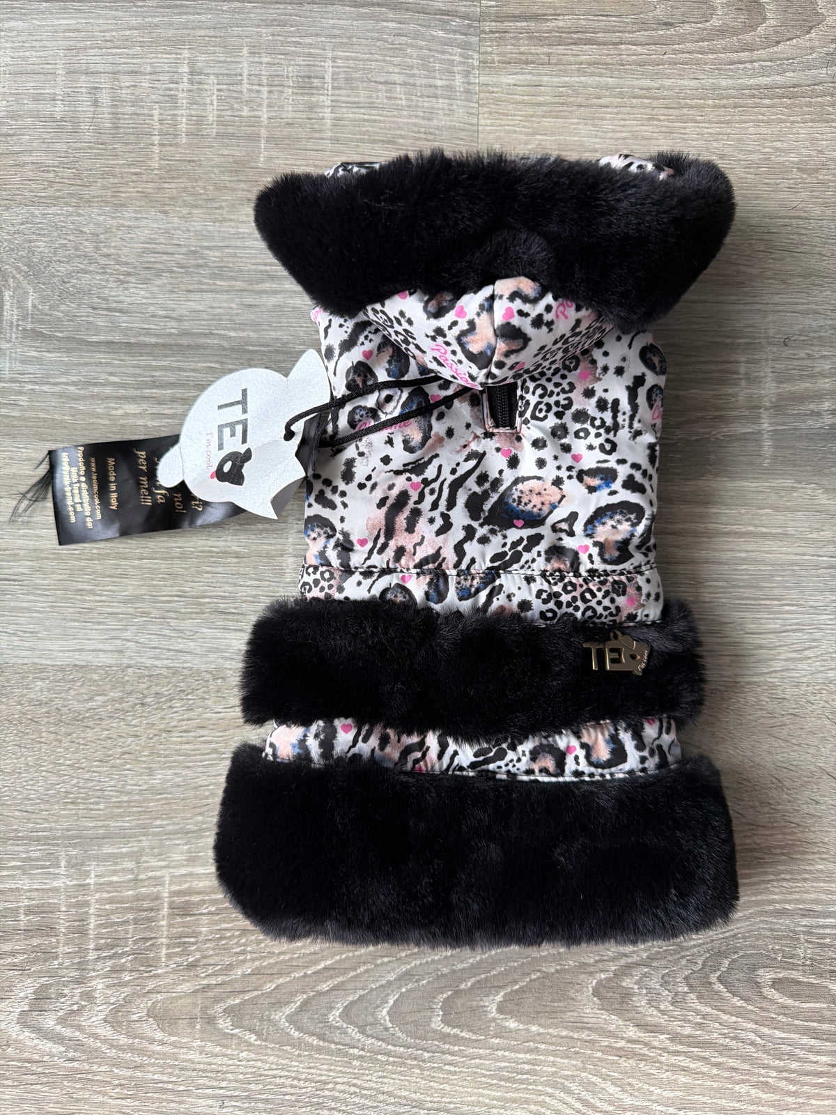 Cappottino per Cani Animalier Rosa e Nero con Ecopelliccia – Taglia XS
