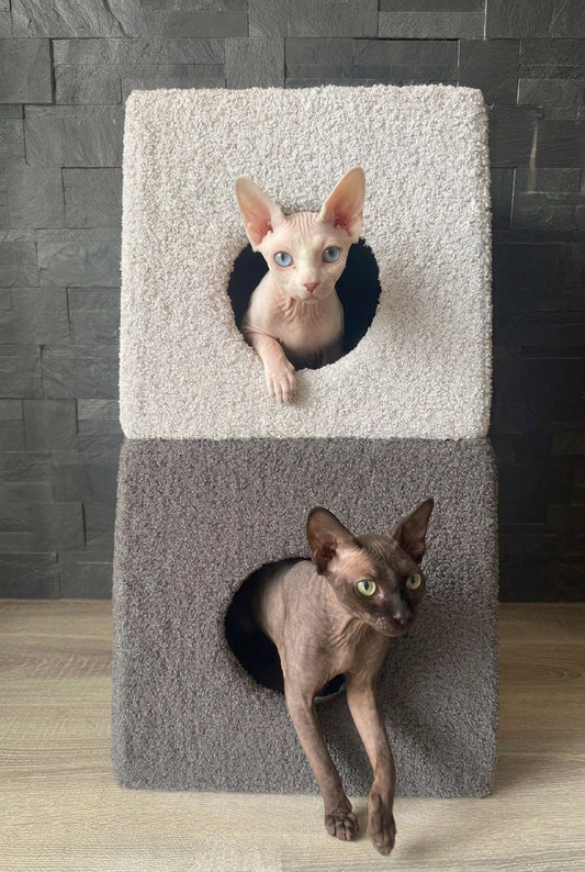 Torre Relax Bouclé Bicolor per Gatti – Cuccia con Tiragraffi e Vani