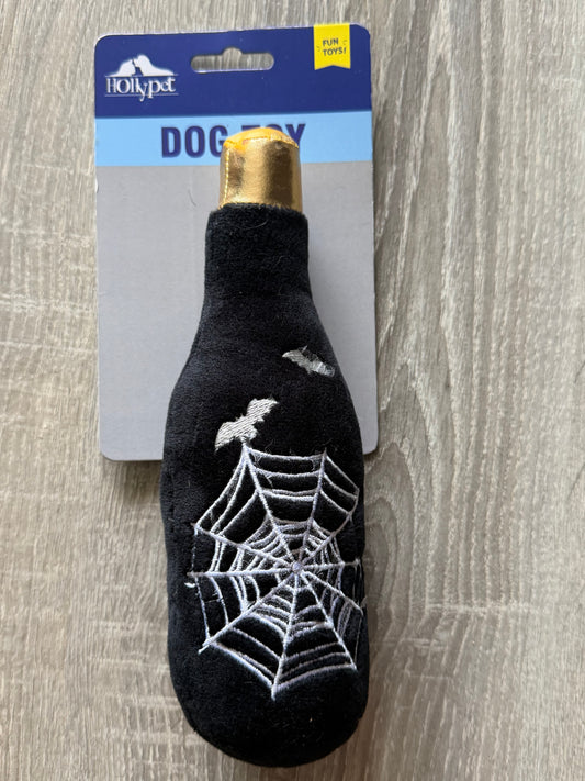 Gioco Halloween per Cani – Bottiglia Stregata Nera con Ragnatela in Peluche