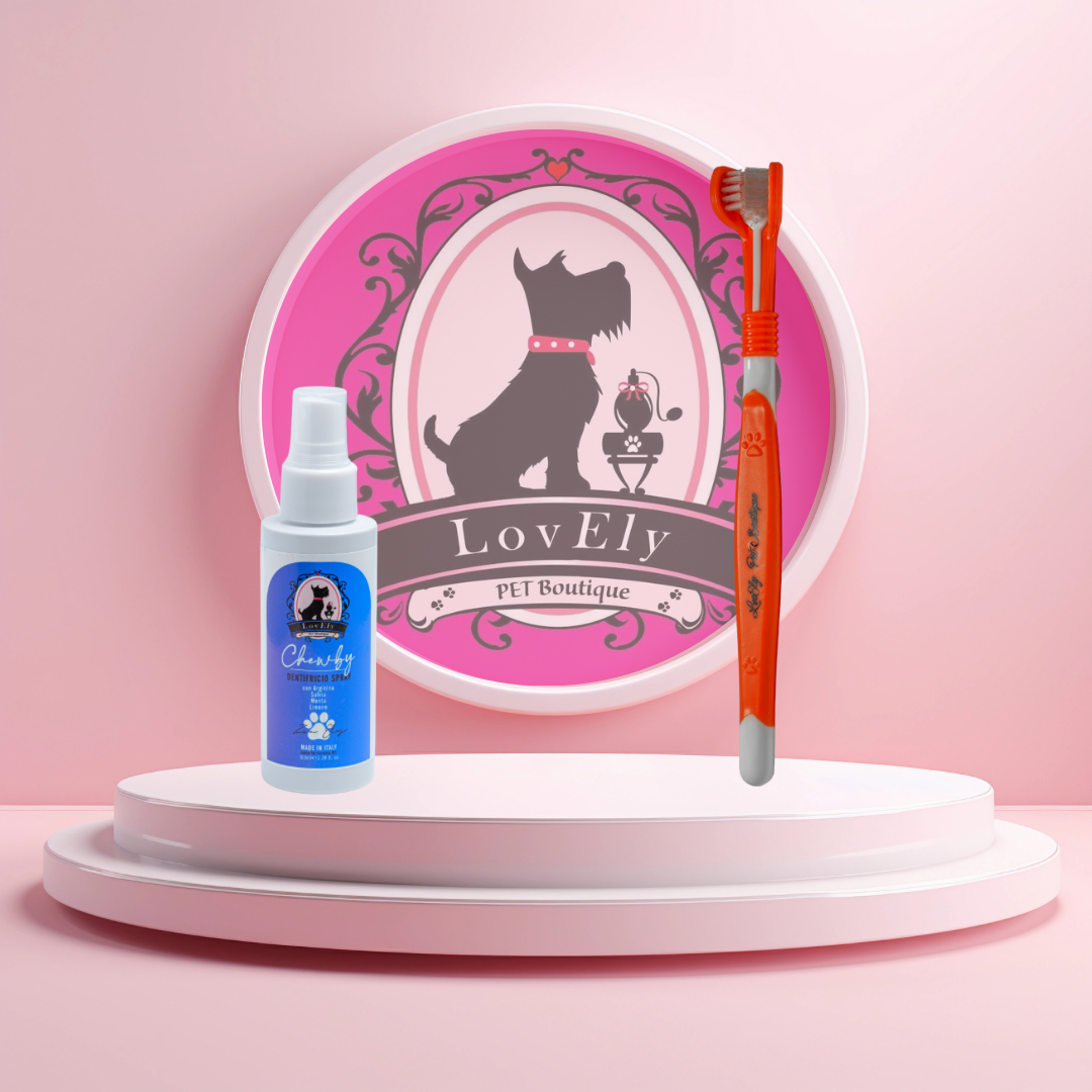 Set Dentifricio Spray Chewby + Spazzolino Tripla Testina – Igiene Orale Cani e Gatti