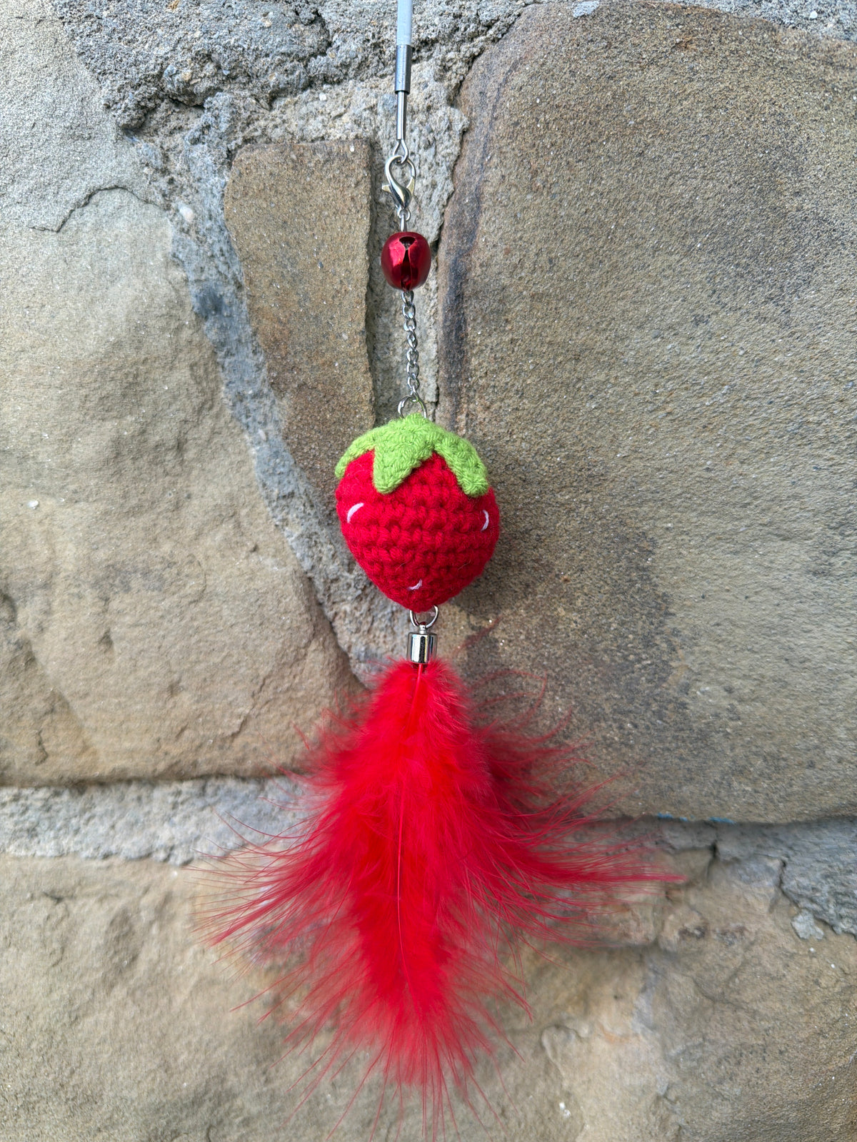 Bacchetta Gioco Fragola per Gatti con Piuma Rossa Allungabile