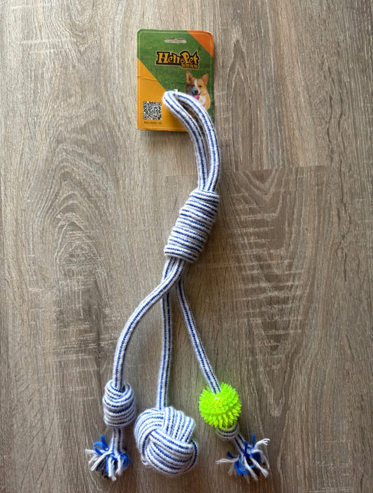 Gioco in Corda Blu e Bianca a Tre Rami con Pallina Verde per Cani