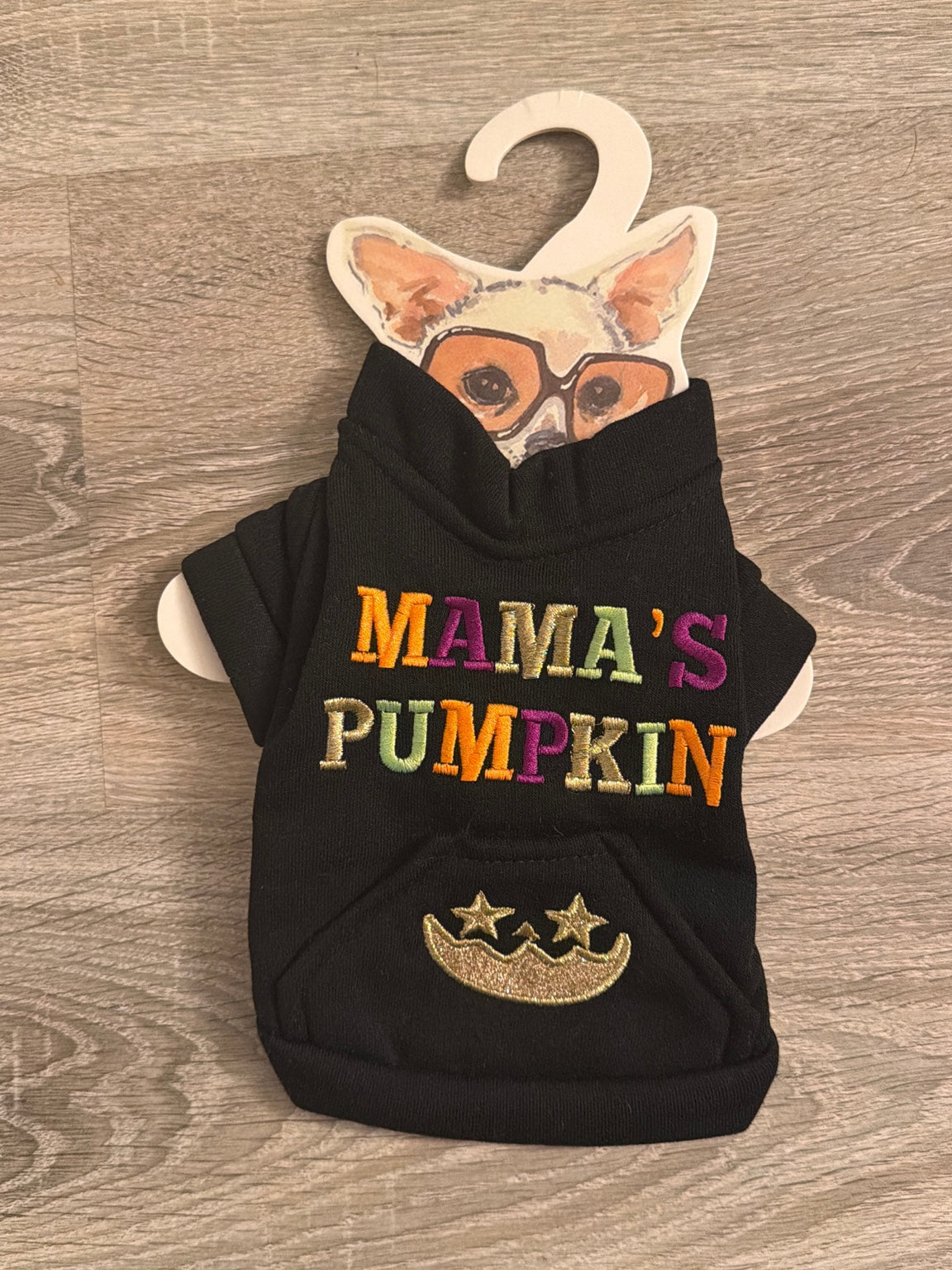 Felpa Halloween Mama's Pumpkin per cani nera con ricamo colorato, XS 25 cm, vista del dorso