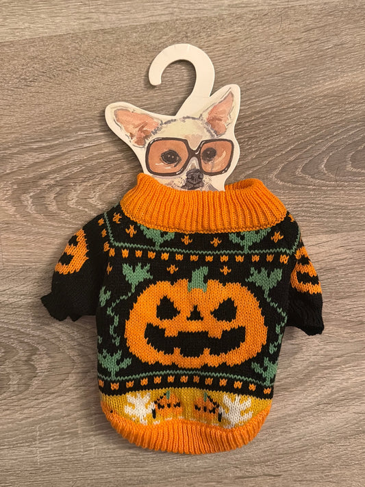Maglioncino Halloween per cani XS 25 cm con grande zucca arancione, vista del dorso