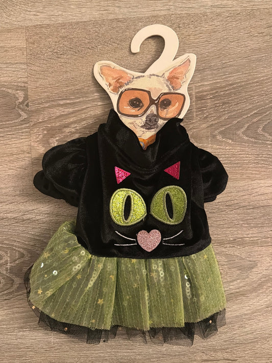 Vestitino Halloween per cani con faccia di gatto nero e gonnellina tulle verde, XS 25 cm, foto esterna