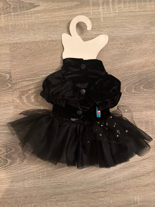 Vestitino Halloween nero per cani con bottoni e gonna tulle con stelline, taglia XS 25 cm